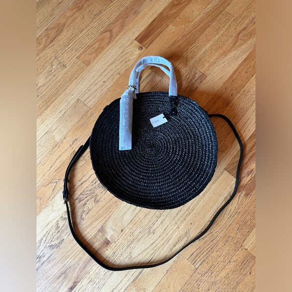 NWT Rebecca Minkoff Black Straw Circle Tote crossbody strap - Picture 4 of 10